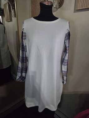 White Tunic Dress with Plaid Sleeve Detail  Lg
